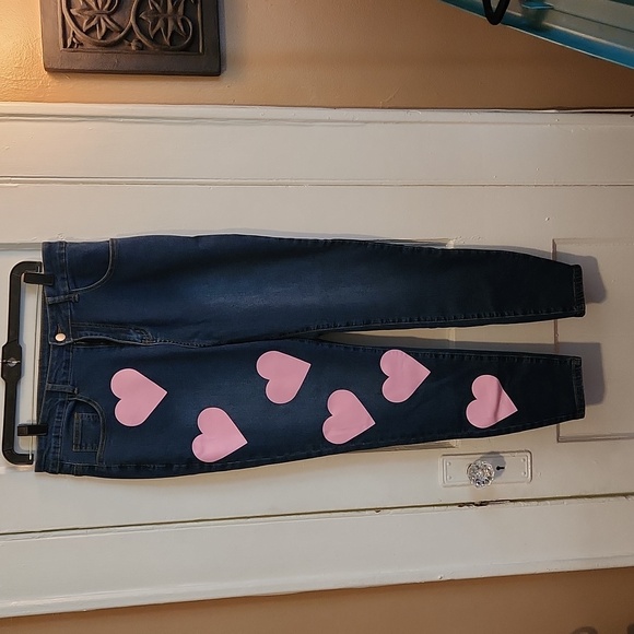 SHEIN Pants - SHEIN Dark Blue Denim Skinny Jeans with Pink Heart Appliqués
